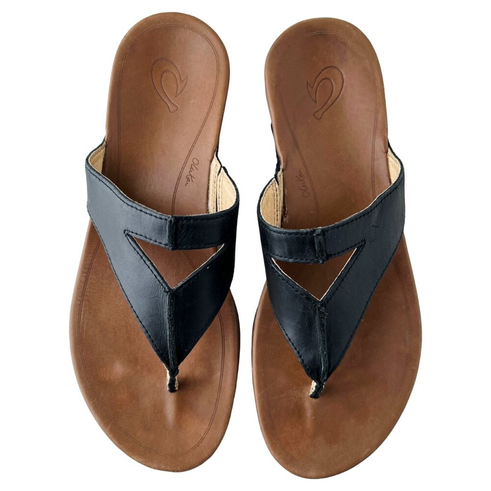 OluKai Lala Leather Flip Flop Sandals – Women’s 9 – Black